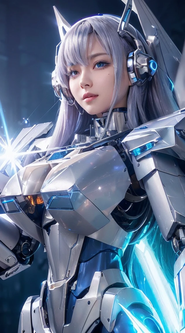 ((Extreme close up:1.6))、(((Lenses shining on both breasts:1.3)))、((A blue pillar of light emanates from both of his chests..:1.3))、break、(((Dynamic pose:1.8)))、smile、((8K)), ((32k)), ((Highest quality)), ((masterpiece)), ((超A high resolution)), ((Tmasterpiece)), ((Halation:1.4))、((Mechaニカルheadgear:1.2))、((Cyber Headphones:1.3))Fine skin, High quality fabric, High-quality metal texture、((Beautiful and dense face))、RAW Photos、Professional, Ultra-fine painting, ((alone)), Beautiful breasts、Highest quality, Very detailed, Very detailed詳細, Finer details, so beautiful, ((Princess Knight Robot:1.2)), (Joint of the machine, Mechanical Limbs:1.3), (The internal structure of the machine is exposed:1.3), (Long silver hair:1.1), (Beautiful and huge mechanical breasts)、White Veil, cowboy_shot, Side Focus, headgear, Shiny、(Five Fingers, Four fingers and thumb),Concept Art, Anime fantasy artwork, Detailed fantasy art, (with pale blue-violet hair and large white wings,,,,,,,,), (((Long silver hair))), (Mecha:1.6)、Sleek and intimidating design, ((Commander-in-Chief'arm)), (Perfect robot body)、純白と青紫のarmまたは, Symmetrical wings, 8K High Resolution, Detailed Art, 3D rendering of character art in 8K, neat legs, Defined, Defined fingers,((headshot:1.3))