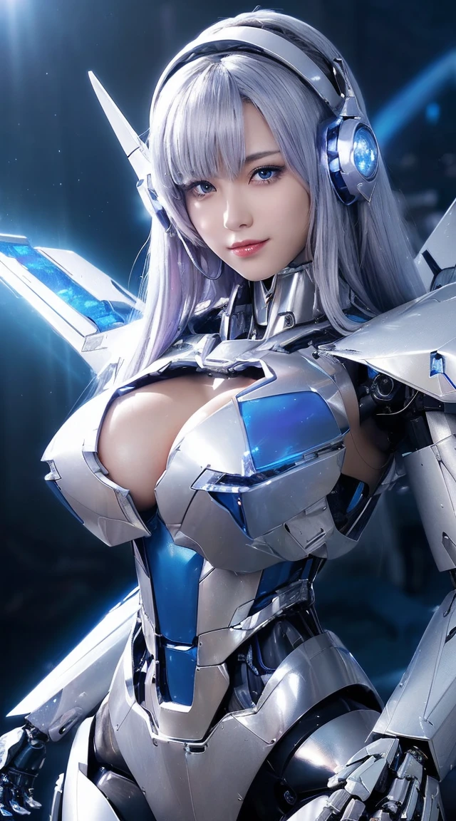 ((Extreme close up:1.6))、(((Lenses shining on both :1.3)))、((A blue pillar of light emanates from both of his chests..:1.3))、break、(((Dynamic pose:1.8)))、sm8K)), ((32k)), ((Highest quality)), ((masterpiece)), ((超A high resolution)), ((Tmasterpiece)), ((Halation:1.4))、((Mechaニカルheadgear:1.2))、((Cyber Headphones:1.3))Fine skin, High quality fabric, High-quality metal texture、((Beautiful and dense face))、RAW Photos、Professional, Ultra-fine painting, ((alone)), Beautiful breasts、Higheity, Very detailed, Very detailed詳細, Finer details, so beautiful, ((Princess Knight Robot:1.2)), (Joint of the machine, Mechanical Limbs:1.3), (The internal structure of the machine is exposed:1.3), (Long silver hair:1.1), (Beautiful and huge mechanical breasts)、White Veil,_shot, Side Focus, headgear, Shiny、(Five Fingers, Four fingers and thumb),Concept Art, Anime fantasy artwork, Detailed fantasy art, (with pale blue-violet hair and large white wings,,,,,,,,), (((Long silver hair))), (Mecha:1.6)、Sleek and intimidating dn, ((Commander-in-Chief'arm)), (Perfect robot body)、純白と青紫のarmまたは, Symmetrical wings, 8K High Resolution, Detailed Art, 3D rendering of character art in 8K, neat legs, Defined, Defined fingers,((headshot:1.3))