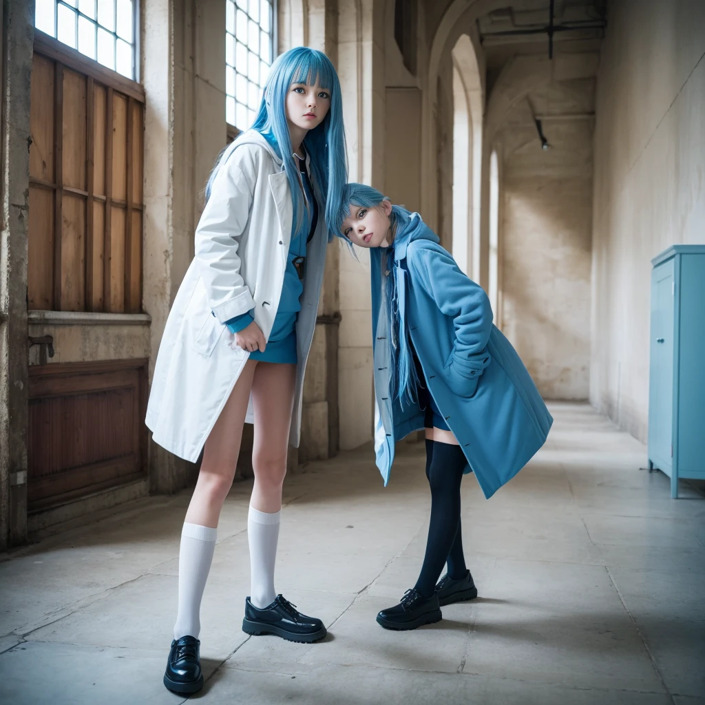 masterpiece, 最high quality, high quality, High resolution, One girl, alone, Blue Hair, Long Hair, blue eyes ,Long white coat, Knee socks, Are standing, Put your hands in your pockets, boredom, Depth of written boundary, Research Room,nwfs,Leaning forward, naked