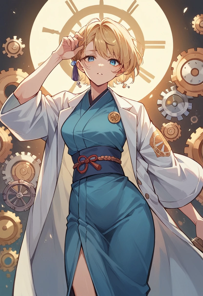 Japanese style character Blue kimono、White Lab Coat、Golden gears