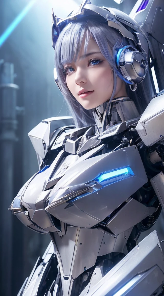 ((Intense action pose:1.6))、((Shining lenses on both breasts:1.3))、((Blue pillars of light are emanating from both chests.:1.3))、smile、((8K)), ((32k)), ((Highest quality)), ((masterpiece)), ((超A high resolution)), ((Tmasterpiece)), ((Halation:1.4))、((Mechaニカルheadgear:1.2))、((Cyber Headphones:1.3))、Fine skin, High quality fabric, Fine metal texture、((Beautiful and dense face))、RAW Photos、Professional, Ultra-fine painting, ((alone)), Beautiful breasts、Highest quality, Very detailed, Very detailed詳細, Finer details, so beautiful, ((Princess Knight Robot:1.2)), (Joints of machines, Mechanical Limbs:1.3), (The internal structure of the machine is exposed:1.3), (Long silver hair:1.1), (Beautiful and huge mechanical breasts)、White Veil, cowboy_shot, Side Focus, headgear, Shiny、(Five Fingers, Four fingers and thumb),Concept Art, Anime fantasy artwork, Detailed fantasy art, (with pale blue-violet hair and large white wings,,,,,,,), (((Long silver hair))), (Mecha:1.6)、Sleek and intimidating design, ((Commander-in-Chief'arm)), (Perfect robot body)、純白と青紫armまたは, Symmetrical wings, 8K high quality, detailed art, 3D rendering of character art in 8K, neat legs, Defined, Defined fingers,