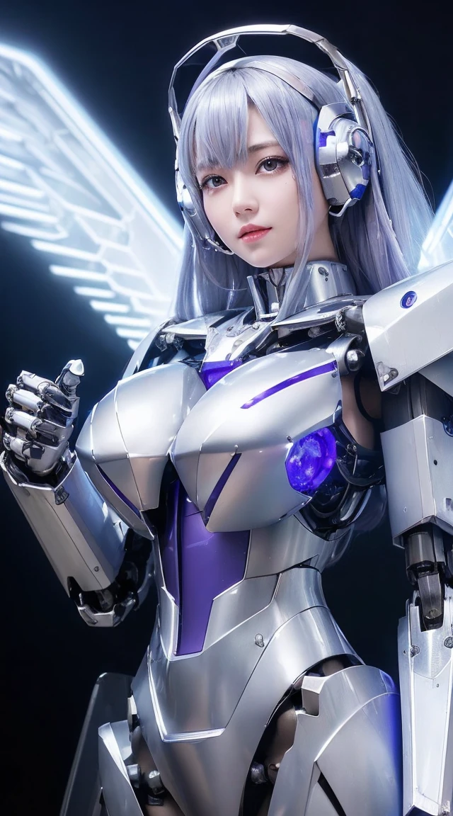 ((Intense action pose:1.6))、((Shining lenses on both breasts:1.3))、((Blue pillars of light are emanating from both chests.:1.3))、smile、((8K)), ((32k)), ((Highest quality)), ((masterpiece)), ((超A high resolution)), ((Tmasterpiece)), ((Halation:1.4))、((Mechaニカルheadgear:1.2))、((Cyber Headphones:1.3))、Fine skin, High quality fabric, Fine metal texture、((Beautiful and dense face))、RAW Photos、Professional, Ultra-fine painting, ((alone)), Beautiful breasts、Highest quality, Very detailed, Very detailed詳細, Finer details, so beautiful, ((Princess Knight Robot:1.2)),  (Joints of machines, Mechanical Limbs:1.3), (The internal structure of the machine is exposed:1.3), (Long silver hair:1.1), (Beautiful and huge mechanical breasts)、White Veil, cowboy_shot, Side Focus, headgear, Shiny、(Five Fingers, Four fingers and thumb),Concept Art, Anime fantasy artwork, Detailed fantasy art, (with pale blue-violet hair and large white wings,,,,,,,), (((Long silver hair))), (Mecha:1.6)、Sleek and intimidating design, ((Commander-in-Chief&#39;arm)), (Perfect robot body)、純白と青紫armまたは, Symmetrical wings, 8K high quality, detailed art, 3D rendering of character art in 8K, neat legs, Defined, Defined fingers,