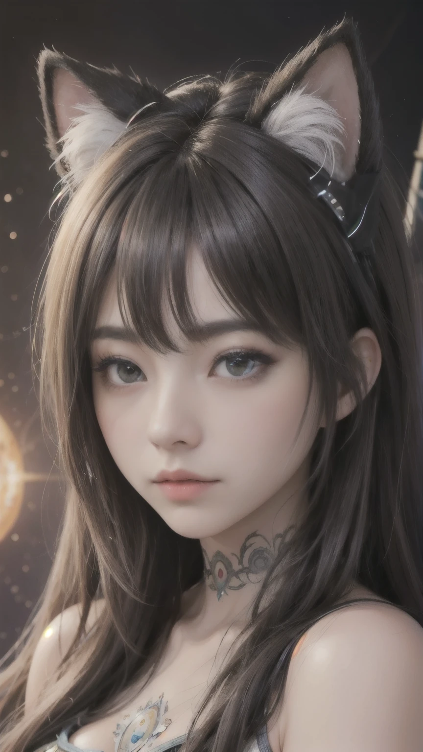 Galactic cat with lots of hair on its head, Third Eye, stare at something far away, Intricate details, Electrical, Fantasy art, Anat Finstark, Emulsion Paint, Very detailed, Misty Rutkowski, High resolution, Ultra-detailed, Rim Light, Faded, dim