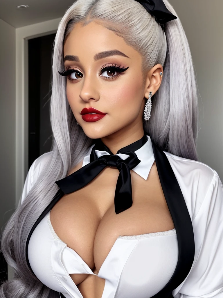 Ariana Grande, big breasts, white shirt with black tie, white hair shaped like cat hair, thick long curly eyelashes, nude makeup, red and black lipstick