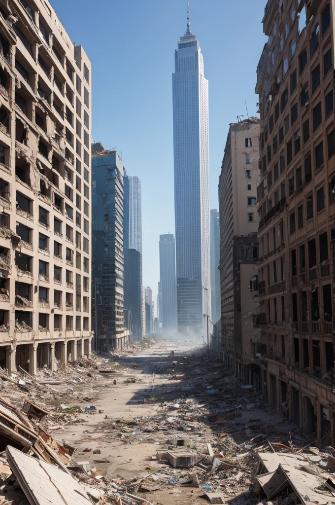 Ruined cityscapes with crumbling buildings and debris-filled streets, depicting the aftermath of destruction.