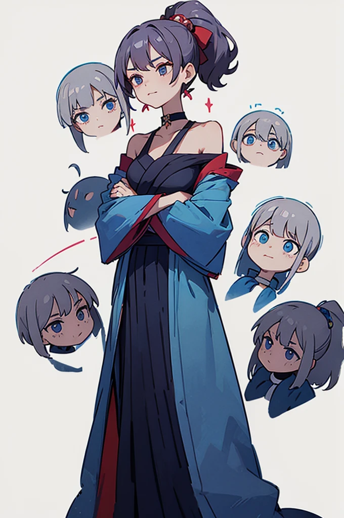 Blue Yukata、Gray Hair、Mischievous face、Choker on neck、Big earrings、The earrings are red、Arms crossed、Only the mouth is smiling、Straw sandals、Choker on right leg、Shoulders are out(whole body、Are standing、、White background)