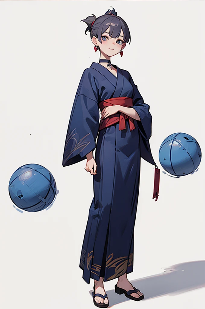 Blue Yukata、Gray Hair、Mischievous face、Choker on neck、Big earrings、The earrings are red、Arms crossed、Only the mouth is smiling、Straw sandals、Choker on right leg、Shoulders are out(whole body、Are standing、、White background)