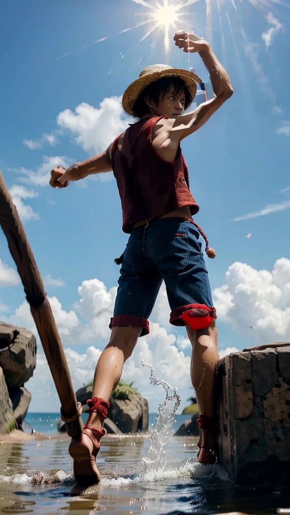 A hyper-realistic live-action depiction of Monkey D. Luffy from One Piece, in the middle of performing his iconic "Gomu Gomu no Pistol" attack. Luffy is in his signature straw hat, red vest, blue shorts, and sandals. His rubber arm is stretched back, ready to punch forward with incredible force. The background features a vibrant, action-packed pirate setting with detailed ships, ocean waves, and a dramatic sky. The scene captures the intensity and determination in Luffy's eyes as he executes his attack.
