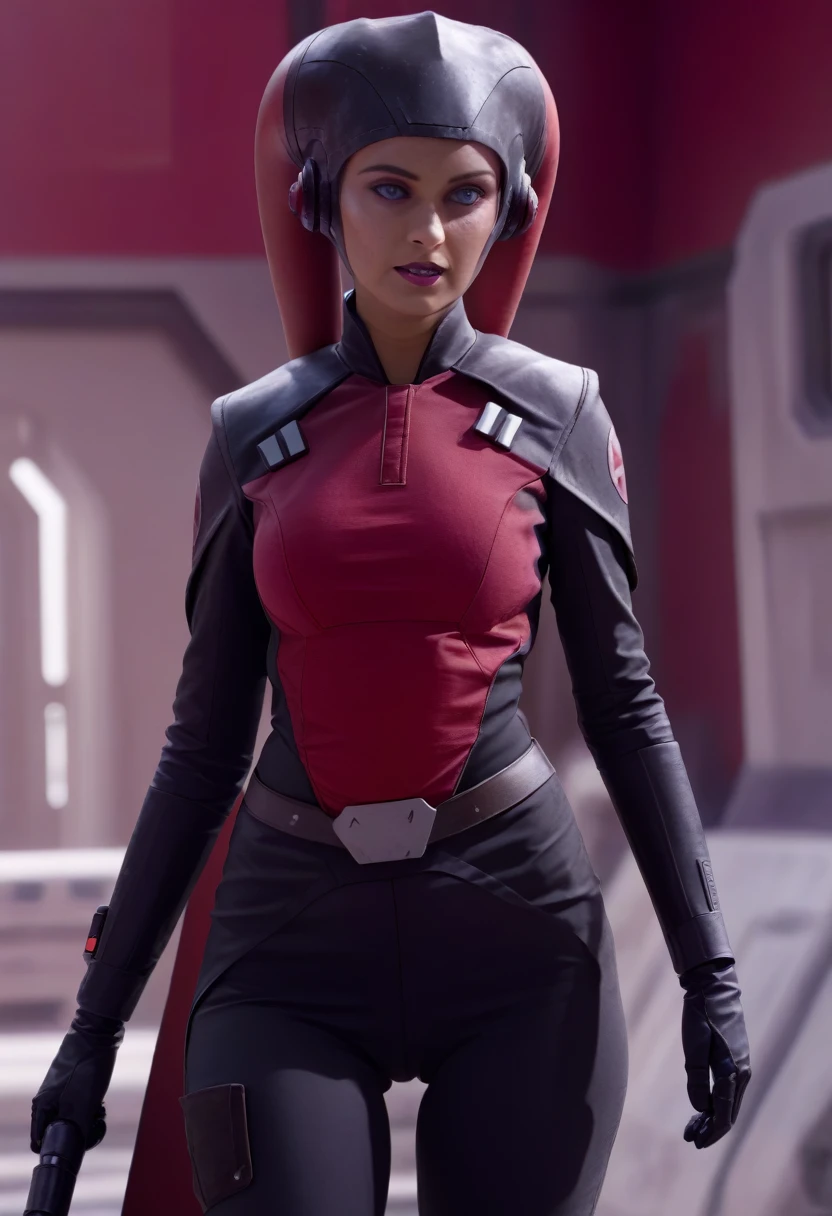 score_9, score_8_up, score_7_up, score_6_up, 2d, rating_questionable, rating_safe, BREAK ((green skin)) Female Twi'lek (((hera syndulla ))), helmet with red visor, star wars, armor,black gloves,tight bodysuit,black cape,black pants, close up, solo, standing, front view, medium breasts, wide hips, holding lightsaber, double edged, action pose, red blade, indoors, sith base, science fiction,
