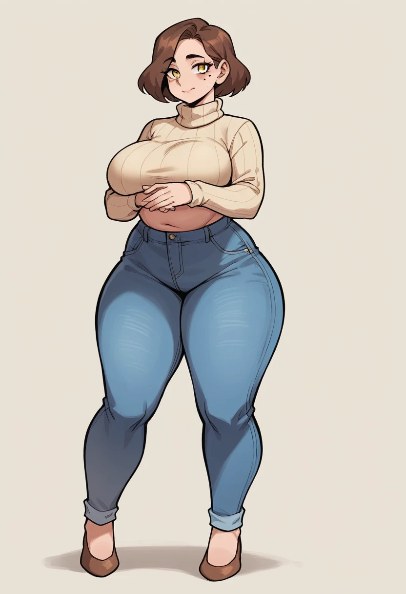 a 38 year old adult woman, She has a robust and curvy build... Your hips, stomach and bust are pronounced..., which gives you an hourglass figure, some wrinkles on the face..., short brown hair, yellow eyes, a mole on the cheek, closed smile, big breasts, Wide hips, thick thighs, rolls, large beige turtleneck sweater, sleeves covering hands, blue wide jeans, baggy clothes, full body view, Alone, cream colored background, standing, gordibuena