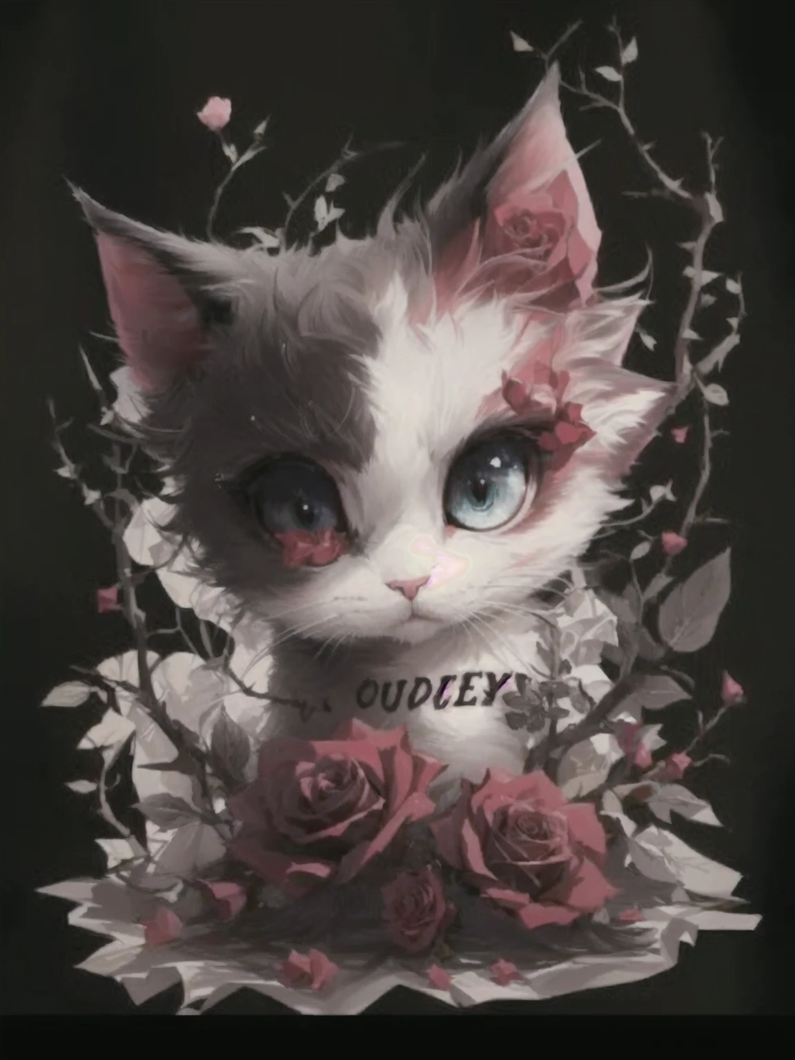 Close-up of a cat，There is a red rose beside me, Animated visual of cute cats, Anime cat, Cat design, author：Dom Qwek, realistic Anime cat, Lovely and detailed digital art, Lovely artwork, 非常美丽可爱的 author：Lambert Doomer, Cute digital art, Furry cat T-shirt design,Thorn rose