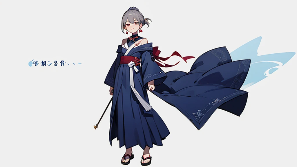 Blue Yukata、Gray Hair、Mischievous face、Choker on neck、Big earrings、The earrings are red、Arms crossed、Only the mouth is smiling、Straw sandals、Choker on right leg、Shoulders are out(whole body、Are standing、、White background)