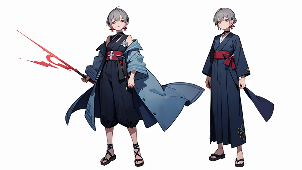 Blue Yukata、Gray Hair、Mischievous face、Choker on neck、Big earrings、The earrings are red、Arms crossed、Only the mouth is smiling、Straw sandals、Choker on right leg、Shoulders are out(whole body、Are standing、、White background)