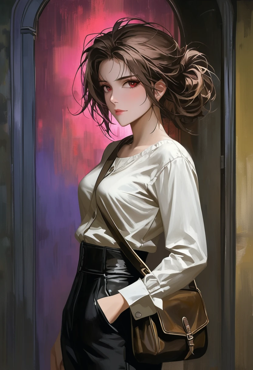 ((adult)), (woman), ((tall)), masterpiece, best quality, dark aura, brown hair, ((updo hair)), (messy hair) , ringed dark red eyes, plain white shirt, Yellow coat, black pants, carrying a big waist leather bag, (faint smile), realistic anime style, (oil painting), dark old manor background, night, impasto.