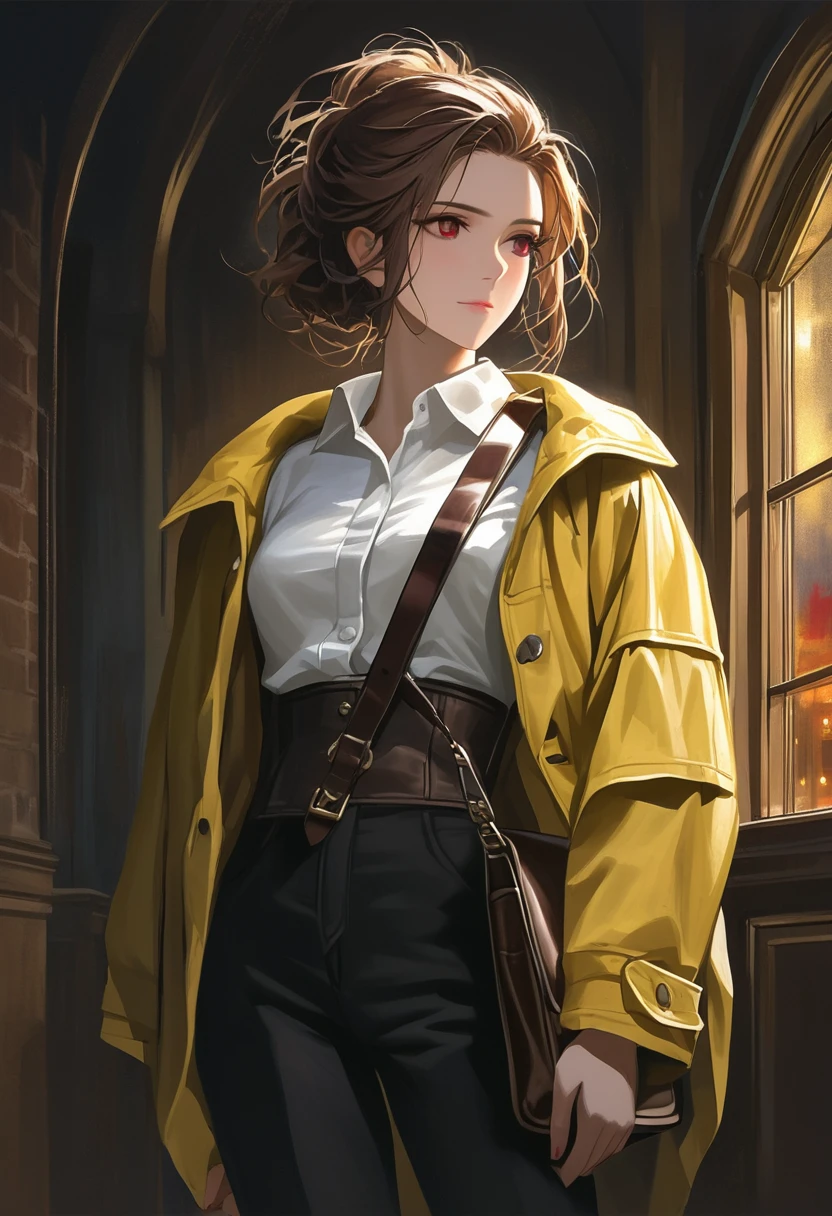 ((adult)), (woman), ((tall)), masterpiece, best quality, dark aura, brown hair, ((updo hair)), (messy hair) , ringed dark red eyes, plain white shirt, Yellow coat, black pants, carrying a big waist leather bag, (faint smile), realistic anime style, (oil painting), dark old manor background, night, impasto.
