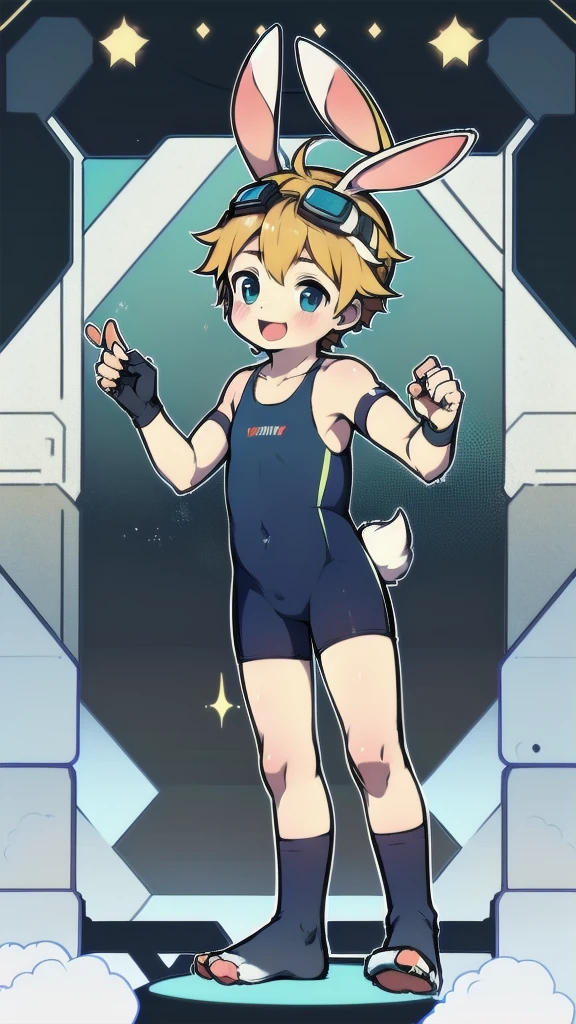 ((A  boy))，(Youthful feeling)，one-piece swimsuit，Goggles，Fingerless gloves，Cotton socks，Short sleeve，stand up，happy，Rabbit ears，Rabbit Tail