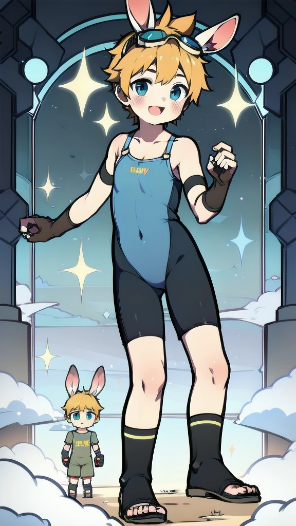 ((A  boy))，(Youthful feeling)，one-piece swimsuit，Goggles，Fingerless gloves，Cotton socks，Short sleeve，stand up，happy，Rabbit ears，Rabbit Tail