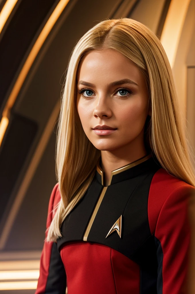 young woman, dirty blonde hair, soft smile, sharp angular features, sci fi spaceship background, red star trek uniform, facing off camera, photo