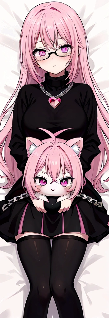 pink hair black glasses pink eyes extremely blushing a big pink sweater a short black skirt at the waist some chains black stockings that she is a reserved girl in her bed that she is hugging a stuffed animal of one among her