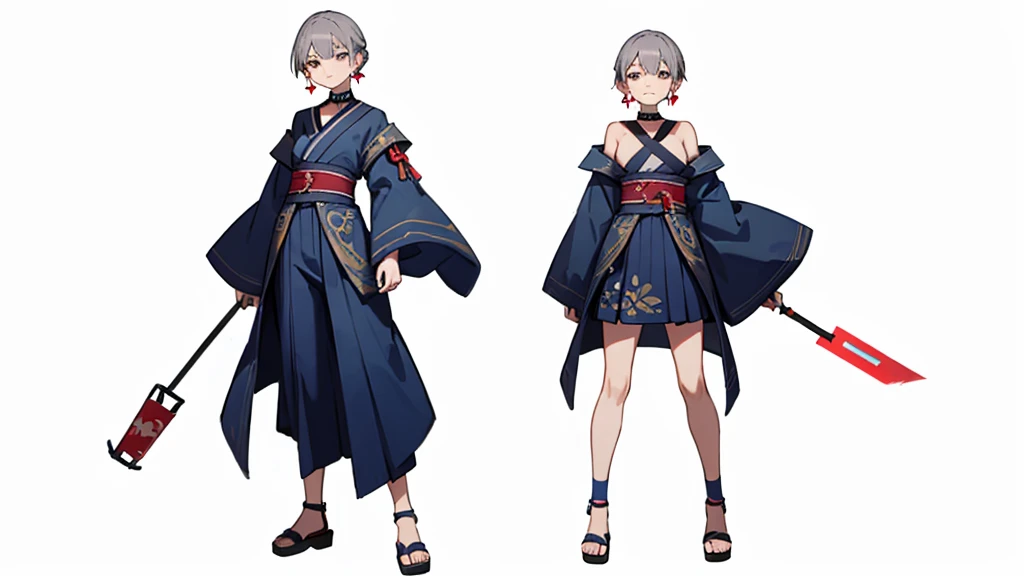 Blue Yukata、Gray Hair、Mischievous face、Choker on neck、Big earrings、The earrings are red、Arms crossed、Only the mouth is smiling、Straw sandals、Choker on right leg、Shoulders are out(whole body、Are standing、、White background)