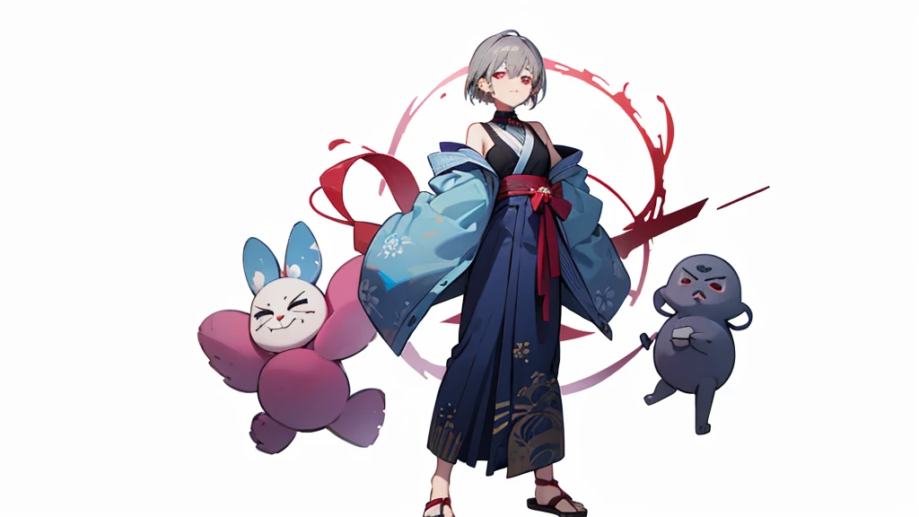 Blue Yukata、Gray Hair、Mischievous face、Choker on neck、Big earrings、The earrings are red、Arms crossed、Only the mouth is smiling、Straw sandals、Choker on right leg、Shoulders are out(whole body、Are standing、、White background)