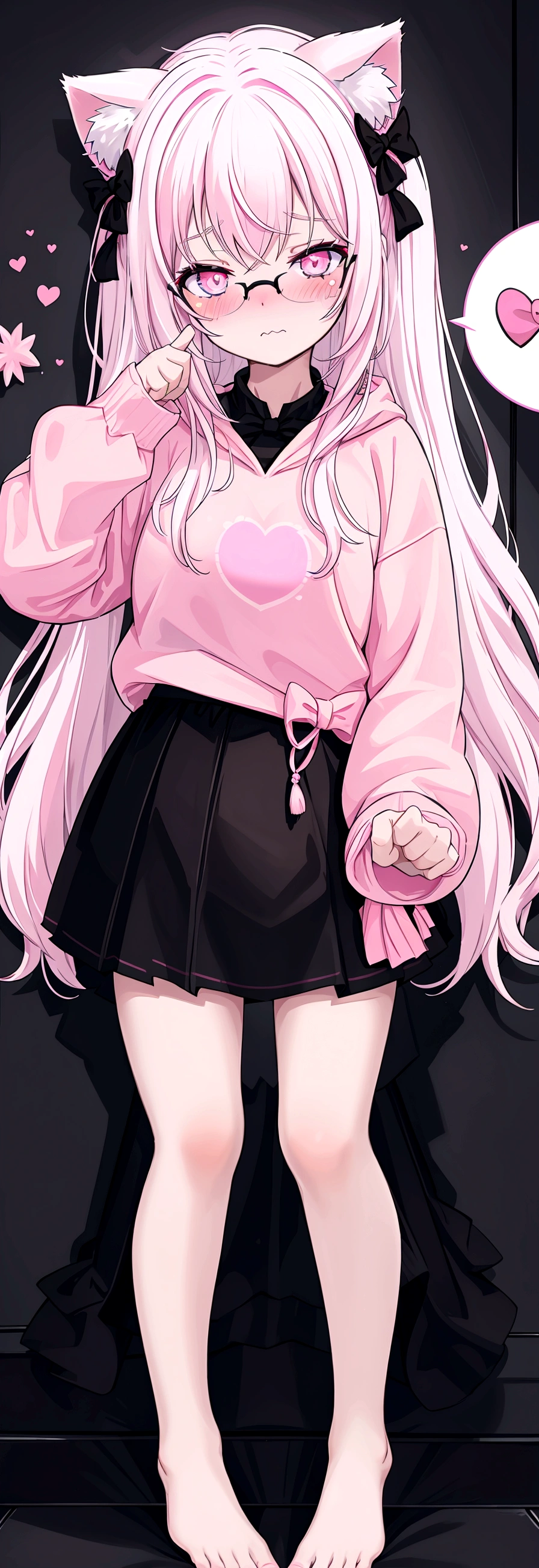 I have white pink hair, cat ears, a bow, my face is super blushing, black glasses, pink heart eyes, a big pink sweatshirt, a black skirt, black stockings, what&#39;s up, barefoot, a cat&#39;s tail, a girl Very shy