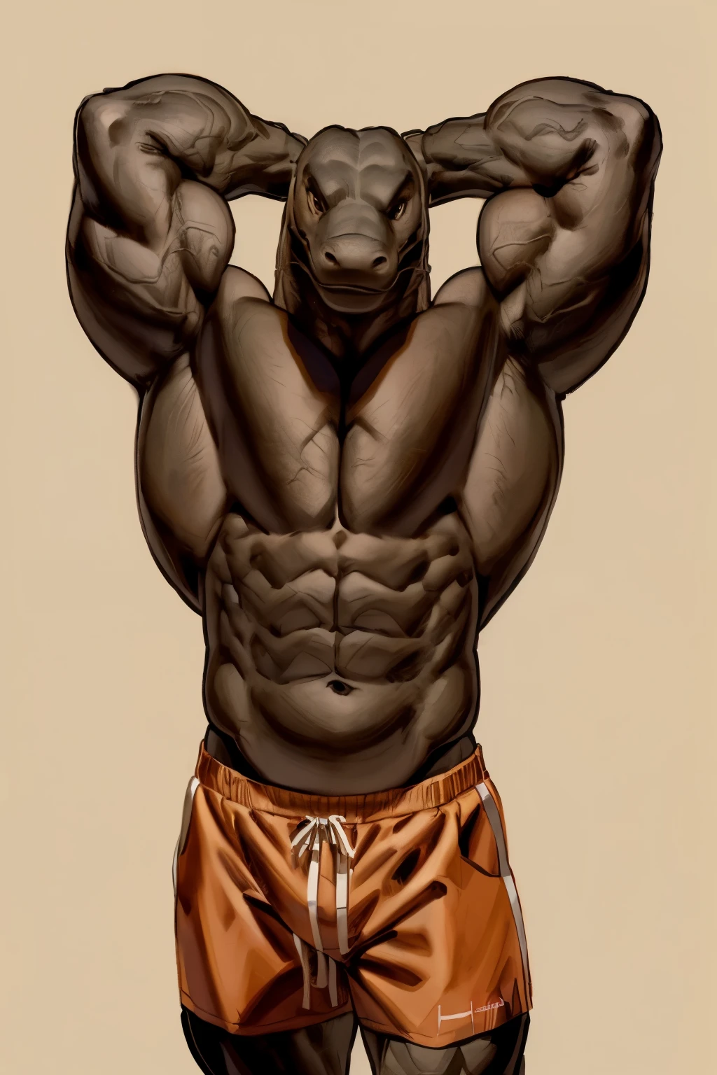 Furry, Anthro, Komodo dragon, Male, Standing, (muscular body), Wearing ((orange)) swim shorts, (((looking at viewer, arms behind head, smug)), ((((massive muscular arms, top-down view)))), Plain background, Front view, Brown Skin, by buta99, by meesh, realistic