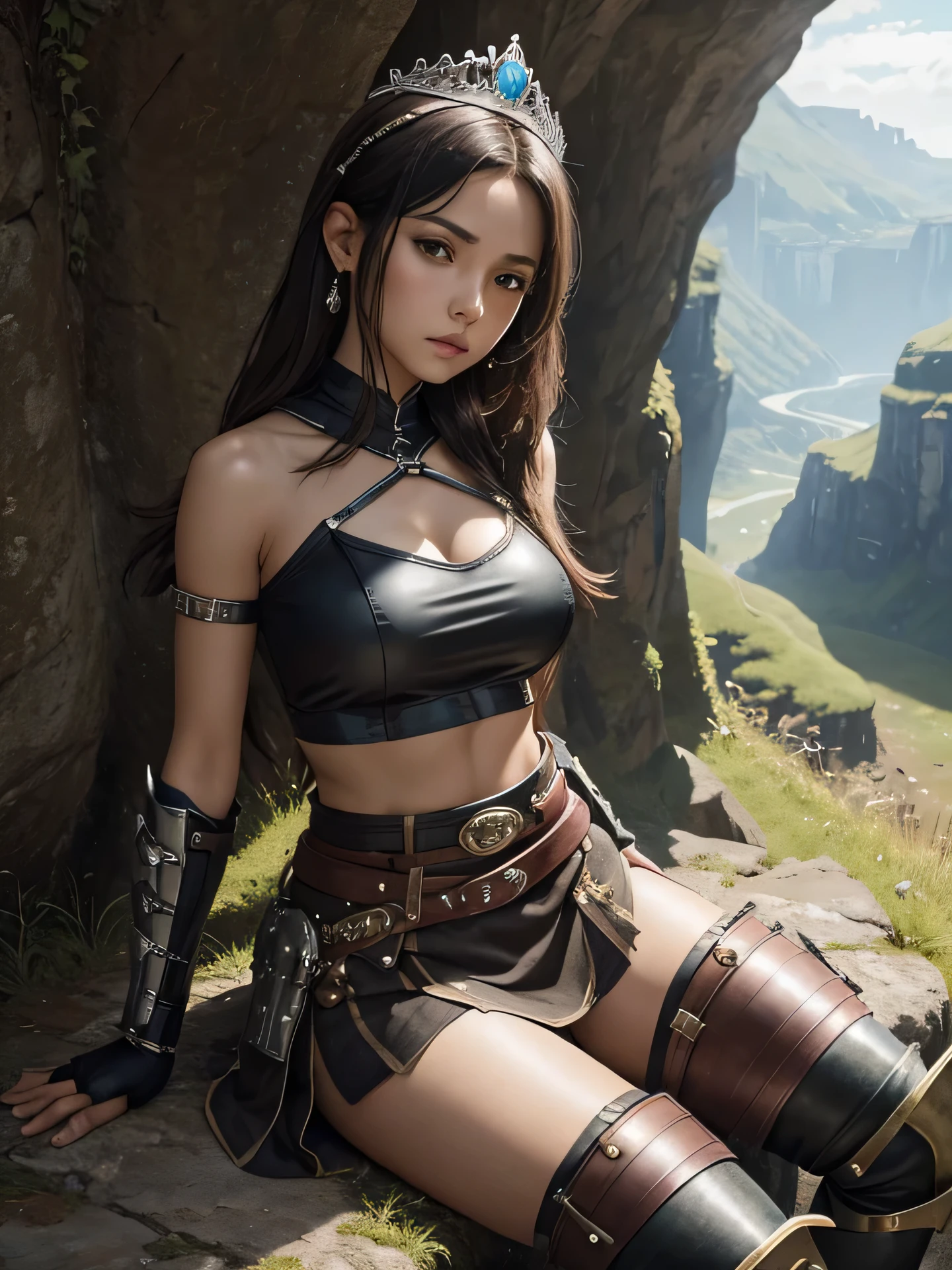 dragonballchichi, chi chi, (black eyes:1.5), black hair, long hair, hime cut, blunt bangs, sidelocks, BREAK armor, bikini armor, cape, collarbone, gloves, helmet, navel, pauldrons, shoulder armor, cleavage, BREAK outdoors, nature, forest, cloud, sky, sun, BREAK turn back, show her butt, (cowboy shot:1.5), BREAK (masterpiece:1.2), best quality, high resolution, unity 8k wallpaper, (illustration:0.8), (beautiful detailed eyes:1.6), extremely detailed face, perfect lighting, extremely detailed CG, (perfect hands, perfect anatomy),((whole body, including legs)),((Standing)),(open thighs),(open legs)