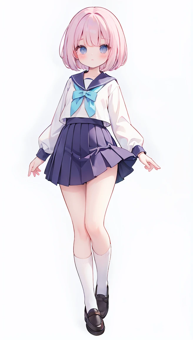 masterpiece, best quality, high resolution, white simple background, standing, short bob hair,  slim waist, cute, sailor uniform, purple skirt, knee high long socks, (Pastel Colors: 1.3), full body