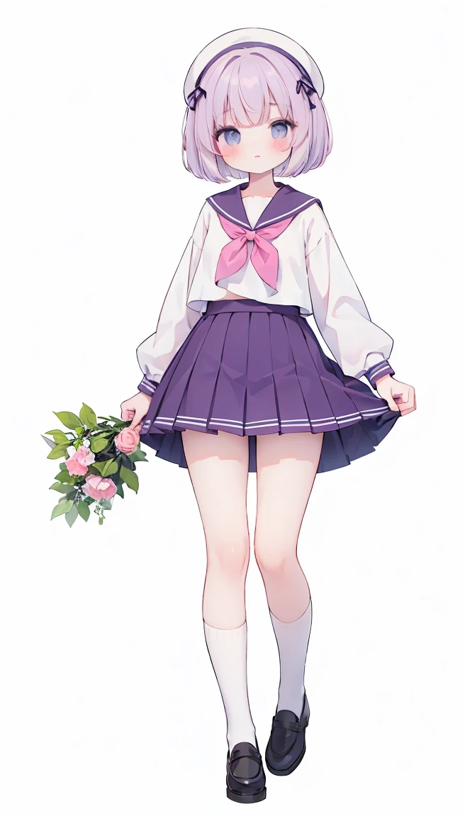 masterpiece, best quality, high resolution, white simple background, standing, short bob hair,  slim waist, cute, sailor uniform, purple skirt, knee high long socks, (Pastel Colors: 1.3), full body