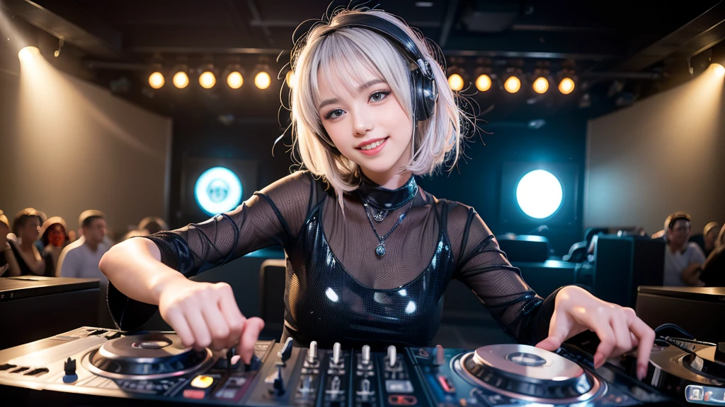 (ultra - detailed, 16K resolution, Cinema lenses, rendering by octane), (high resolution:1.18), intricate detail, (masterpiece:1.1), (highest quality:1.1), (1girl, portrait, white hair, blue eyes, short hair, detailed eyes),Wearing silver DJ headphones, Shiny silver sequined T-shirt, (Iconic hip-hop pop costumes:1.3), Smile while DJing on stage, full body shot of, The spotlight shines on the female DJ. Photorealistic photography by Disco Lighting, (cute round face:1.3), perfect fingers, five fingers, beautiful hands, perfect hands. master peace, cute smile.