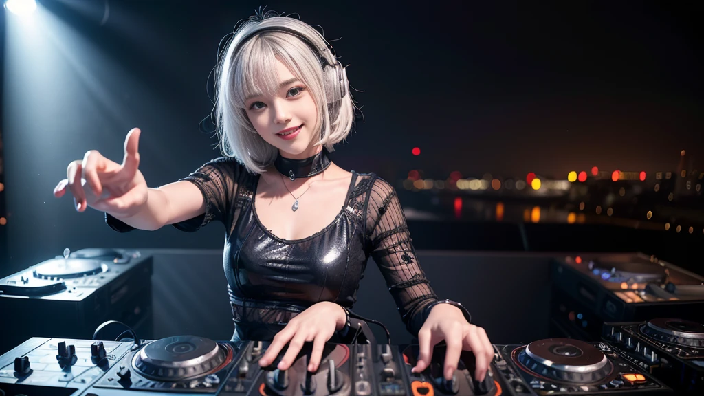 (ultra - detailed, 16K resolution, Cinema lenses, rendering by octane), (high resolution:1.18), intricate detail, (masterpiece:1.1), (highest quality:1.1), (1girl, portrait, white hair, blue eyes, short hair, detailed eyes),Wearing silver DJ headphones, Shiny silver sequined T-shirt, (Iconic hip-hop pop costumes:1.3), Smile while DJing on stage, full body shot of, The spotlight shines on the female DJ. Photorealistic photography by Disco Lighting, (cute round face:1.3), perfect fingers, five fingers, beautiful hands, perfect hands. master peace, cute smile.