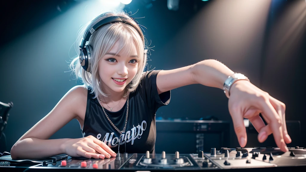 (ultra - detailed, 16K resolution, Cinema lenses, rendering by octane), (high resolution:1.18), intricate detail, (masterpiece:1.1), (highest quality:1.1), (1girl, portrait, white hair, blue eyes, short hair, detailed eyes),Wearing silver DJ headphones, Shiny silver sequined T-shirt, (Iconic hip-hop pop costumes:1.3), Smile while DJing on stage, full body shot of, The spotlight shines on the female DJ. Photorealistic photography by Disco Lighting, (cute round face:1.3), perfect fingers, five fingers, beautiful hands, perfect hands. master peace, cute smile.
