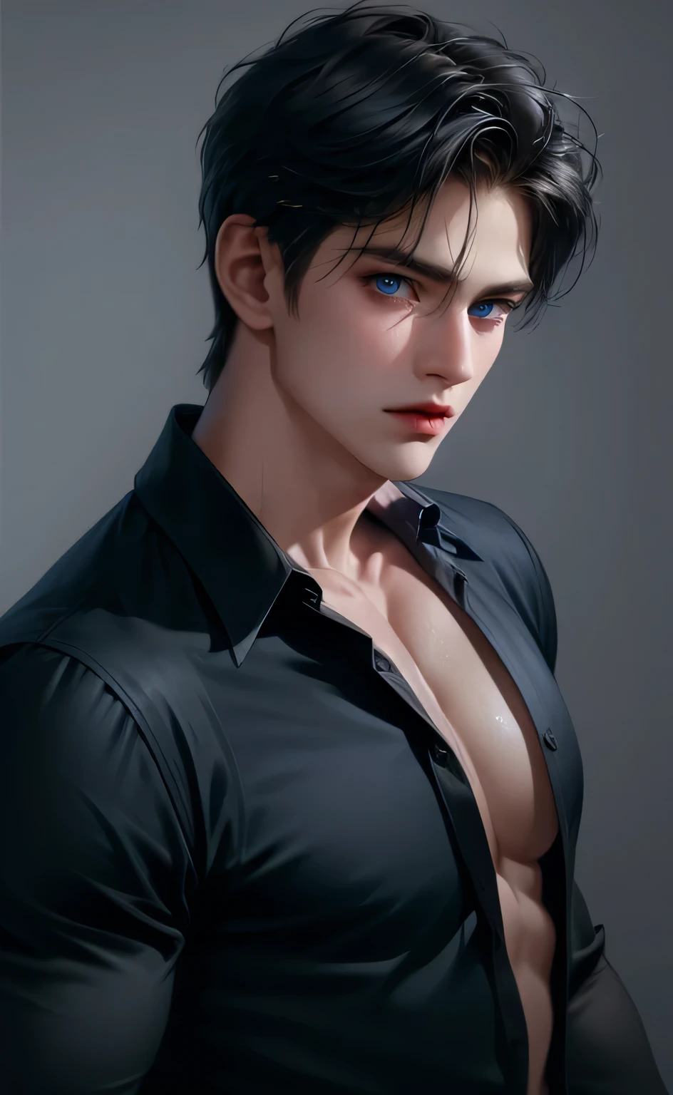 (masterpiece,best quality,Extremists_detailed,high resolution,absurdes),1 adult male, phi. 30, (Broad shoulders), ((phi chest hair)), Male focus, Solitary, #13: Black Short Hair with Soft Bangs (Bangs parted from the side 3:7. Ratio), Simple background, blue eyes, Upper Body, short hair, Looking at the audience, Open your mouth, Round glasses, Wet hair, Open black shirt, Long sleeve, Expose a little muscle, Bedroom background half-length photo