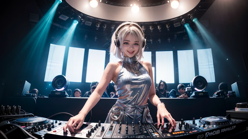 (ultra - detailed, 16K resolution, Cinema lenses, rendering by octane), (high resolution:1.18), intricate detail, (masterpiece:1.1), (highest quality:1.1), (1girl, portrait, white hair, blue eyes, short hair, detailed eyes),Wearing silver DJ headphones, Shiny silver sequined T-shirt, (Iconic hip-hop pop costumes:1.3), Smile while DJing on stage, full body shot of, The spotlight shines on the female DJ. Photorealistic photography by Disco Lighting, (cute round face:1.3), perfect fingers, five fingers, beautiful hands, perfect hands. master peace, cute smile.