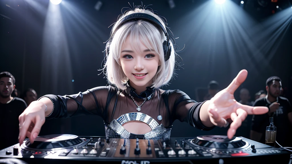 (ultra - detailed, 16K resolution, Cinema lenses, rendering by octane), (high resolution:1.18), intricate detail, (masterpiece:1.1), (highest quality:1.1), (1girl, portrait, white hair, blue eyes, short hair, detailed eyes),Wearing silver DJ headphones, Shiny silver sequined T-shirt, (Iconic hip-hop pop costumes:1.3), Smile while DJing on stage, full body shot of, The spotlight shines on the female DJ. Photorealistic photography by Disco Lighting, (cute round face:1.3), perfect fingers, five fingers, beautiful hands, perfect hands. master peace, cute smile.