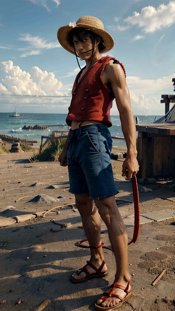 A hyper-realistic live-action depiction of Monkey D. Luffy from One Piece, in the middle of performing his iconic "Gomu Gomu no Pistol" attack. Luffy is in his signature straw hat, red vest, blue shorts, and sandals. His rubber arm is stretched back, ready to punch forward with incredible force. The background features a vibrant, action-packed pirate setting with detailed ships, ocean waves, and a dramatic sky. The scene captures the intensity and determination in Luffy's eyes as he executes his attack.
