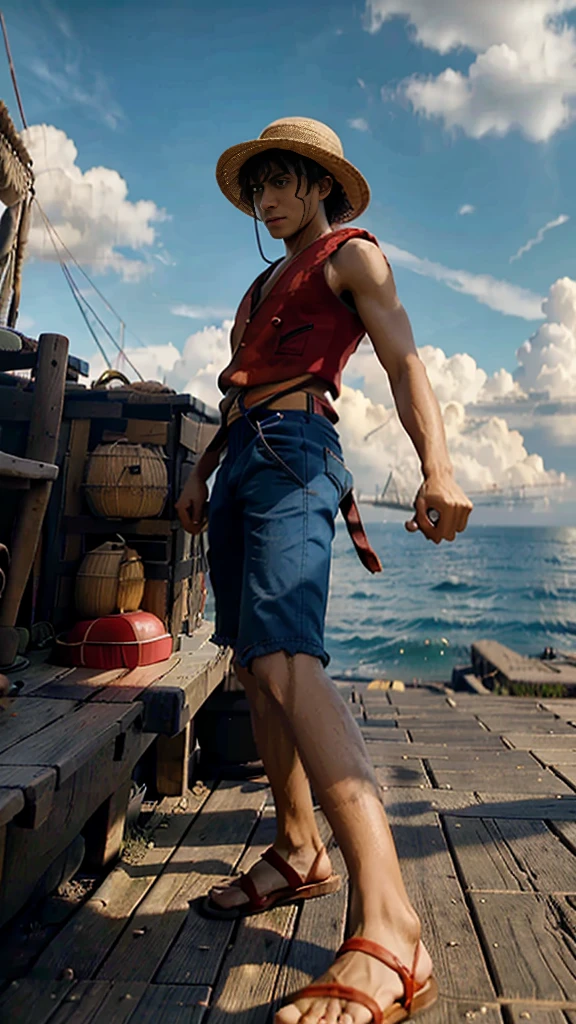 A hyper-realistic live-action depiction of Monkey D. Luffy from One Piece, in the middle of performing his iconic "Gomu Gomu no Pistol" attack. Luffy is in his signature straw hat, red vest, blue shorts, and sandals. His rubber arm is stretched back, ready to punch forward with incredible force. The background features a vibrant, action-packed pirate setting with detailed ships, ocean waves, and a dramatic sky. The scene captures the intensity and determination in Luffy's eyes as he executes his attack.
