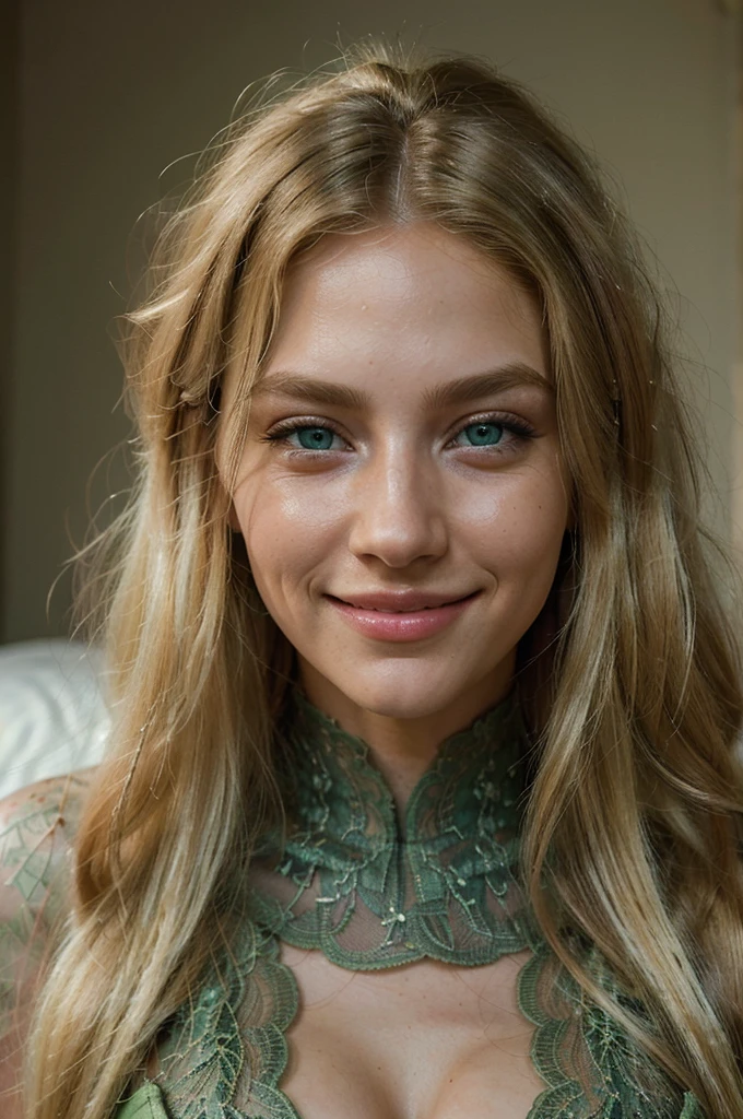 ((long distance shot)), photorealistic, best quality, instagram model, (hyper detailed: 1.4), laying on the bed, wearing lingerie, ((long blonde hair, smile, green eyes)),Detailed eyes, beautiful european young woman, (Highly detailed face:1.4), exuding a natural glow, soft lightning, evening time, jaw-dropping beauty, mysterious, seductive, vivid colors, subtle shadows