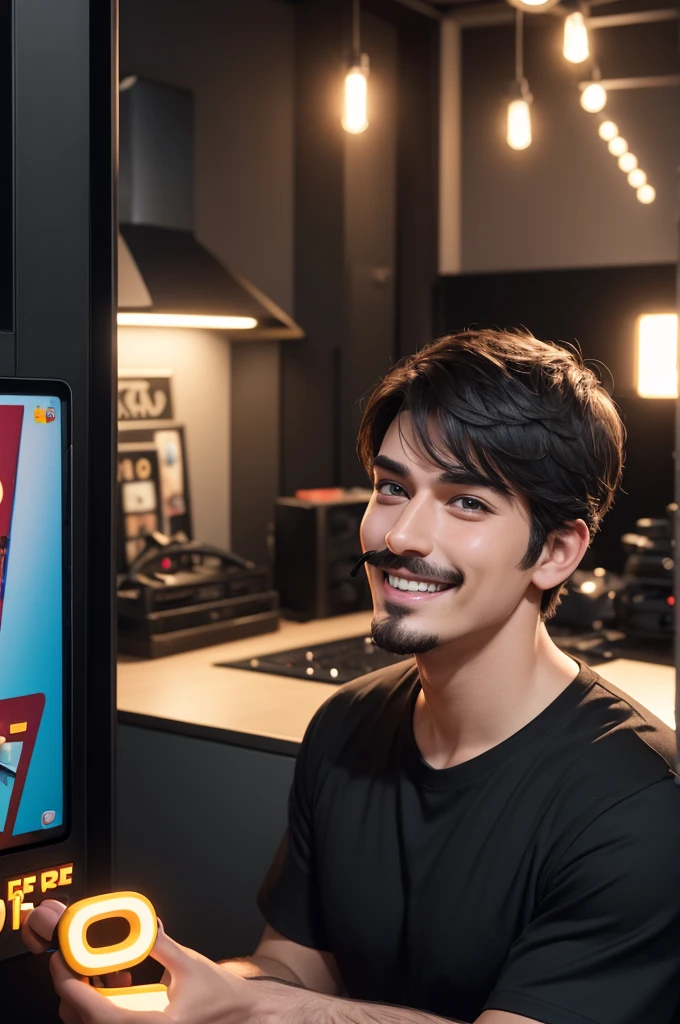 3D poster inspired by Pixar capturing a scene with a 20-year-old man with dark hair, short straight hair, a mustache and a goatee, a short black t-shirt, happy smiling, playing Free Fire on his cell phone, doing live on Tiktok in a Studio with LED lights