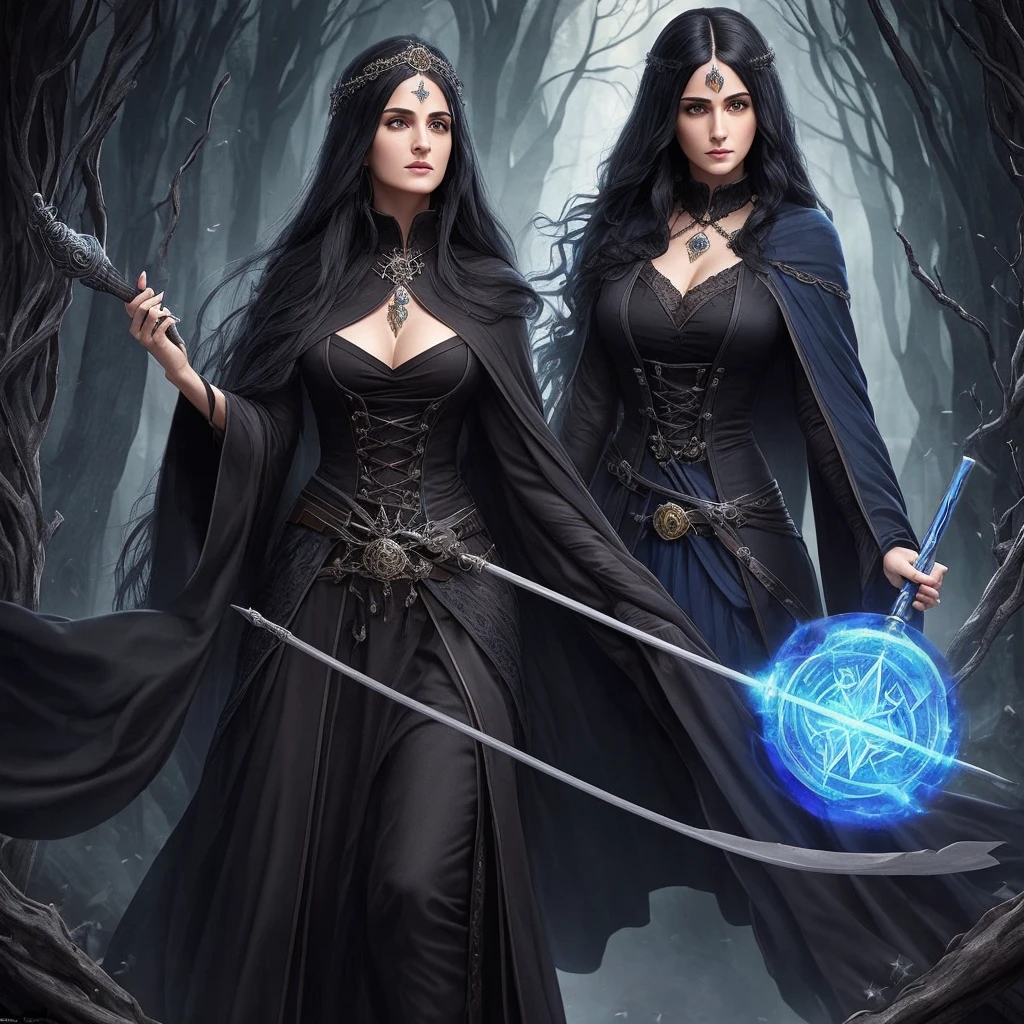 ((highest quality))),masterpiece,1 woman,((the perfect person)),((Super beautiful woman)),detailed perfect face, older goth woman with blue wizard robes, long black hair, crow motifs, and a wood magic wand. conservative outfit, emo woman, character design, full bodyesbian, Full of details, frontal body view, back body view, Highly detailed, Depth, Many parts, harry potter