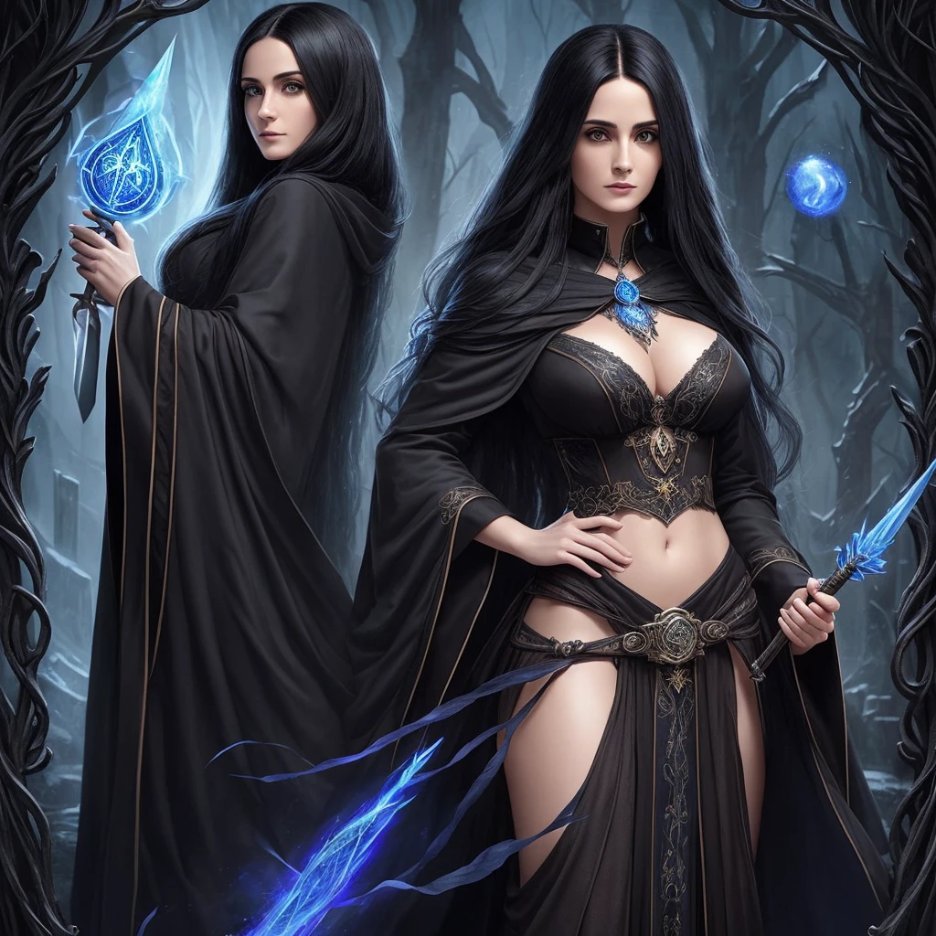 ((highest quality))),masterpiece,1 woman,((the perfect person)),((Super beautiful woman)),detailed perfect face, older goth woman with blue wizard robes, long black hair, crow motifs, and a wood magic wand. conservative outfit, emo woman, character design, full bodyesbian, Full of details, frontal body view, back body view, Highly detailed, Depth, Many parts, harry potter