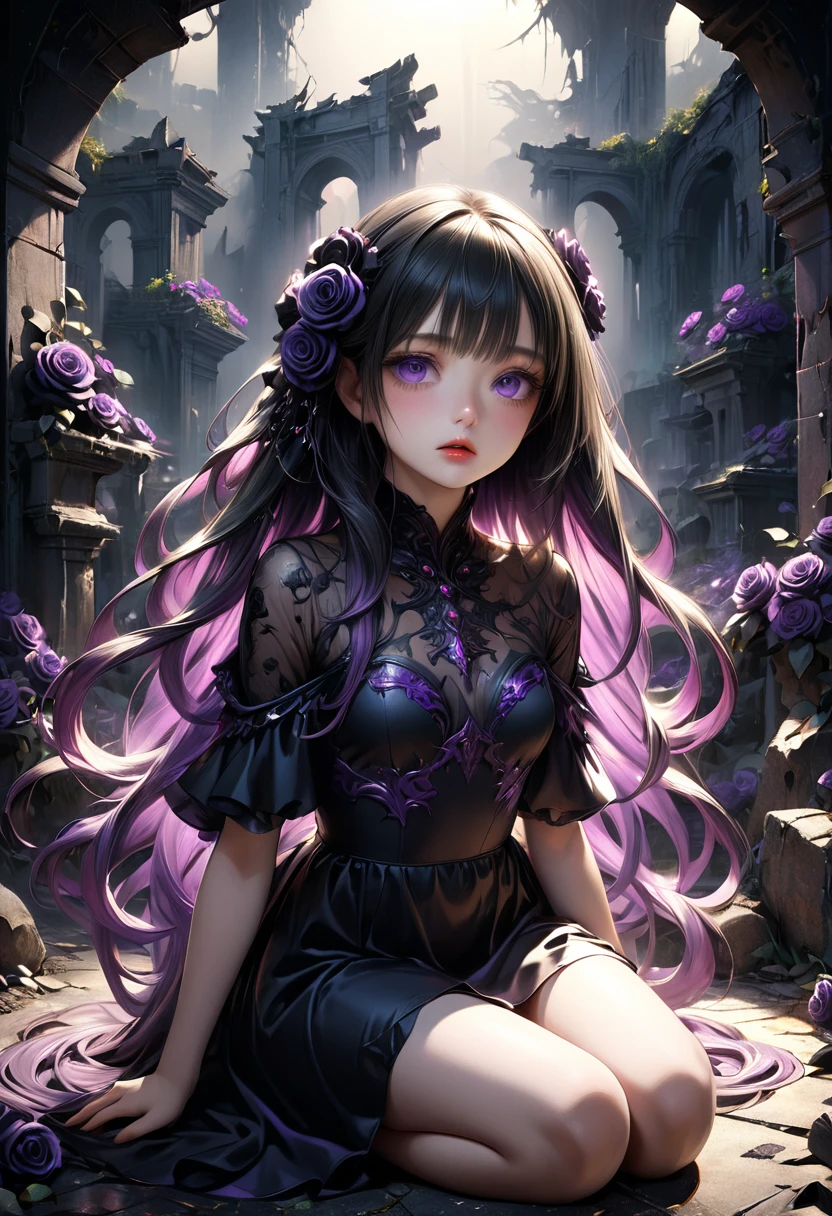 Full Body View, Elevation, Beautiful attention to detail, Beautiful lip detail, Highly detailed eyes and face, Long eyelashes, beautiful and cute young girl, Princess of the Underworld, dark表情, Depressed face, look up, Sit and hold your knees, White and black gradient hair, Through the bangs, Flowing Hair, Decorated with purple and black roses黒人の薄いベール, Decorated with purple and black roses、Very beautiful black dress, dark地下世界の背景, (Highest quality,16K,High resolution,masterpiece:1.2),Super detailed,(Ultra-realistic,Photorealistic:1.37),High resolution,超High resolution,Studio Lighting,Ultra-fine painting,Sharp focus,Physically Based Rendering,Very detailed explanation,Professional,Vibrant colors,Japanese anime style,Dramatic lighting,Chiaroscuro,mysterious,melancholy,dark,Surreal,Fantasy,The background is of ruins