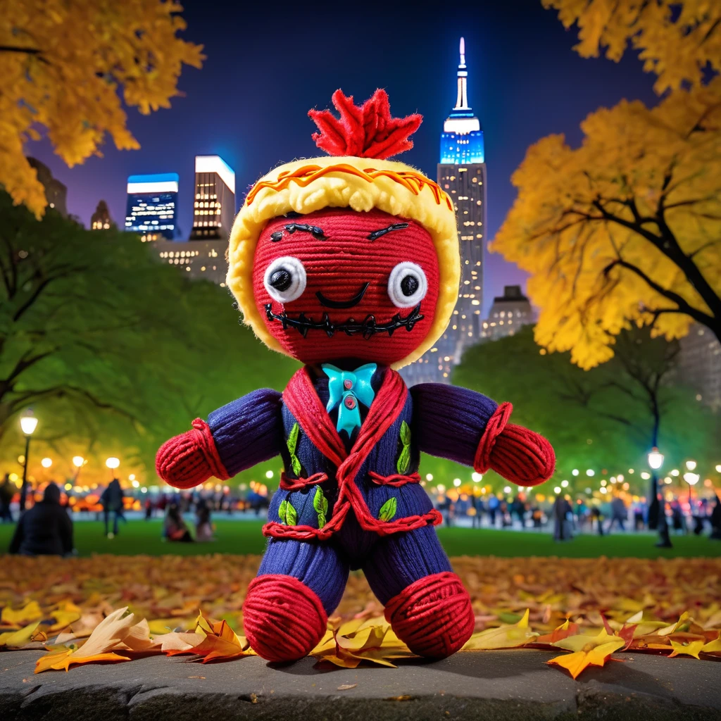 (knitted toy voodoo doll:1.5), (Voodoo in Central Park:1.3), (Clothing: casual attire:1.0), (Accessories: enchanted hot dog, glowing street performer:1.1), (background: bustling Central Park with floating leaves, glowing city skyline, and vibrant park life:1.2), best quality, masterpiece, detailed soft oil painting, detailed background, dramatic cinematic lighting, soft edge lighting, professional, dramatic lighting, hard edge lighting, ultra quality, 4k,masterpiece, best quality, 8k, ultra highres, highres, extremely detailed