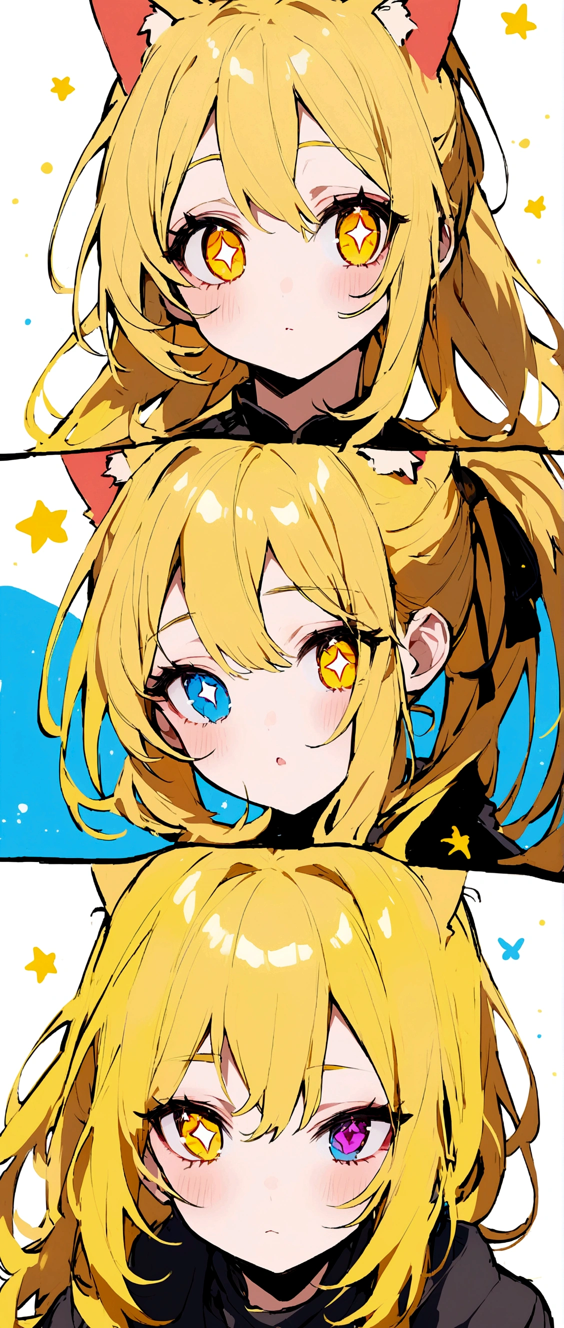 Yellow Hair、Ponytail on the right、Right eye is blue、Left eye is yellow、Odd Eye、Stars in the eyes、Cat ear、Girl