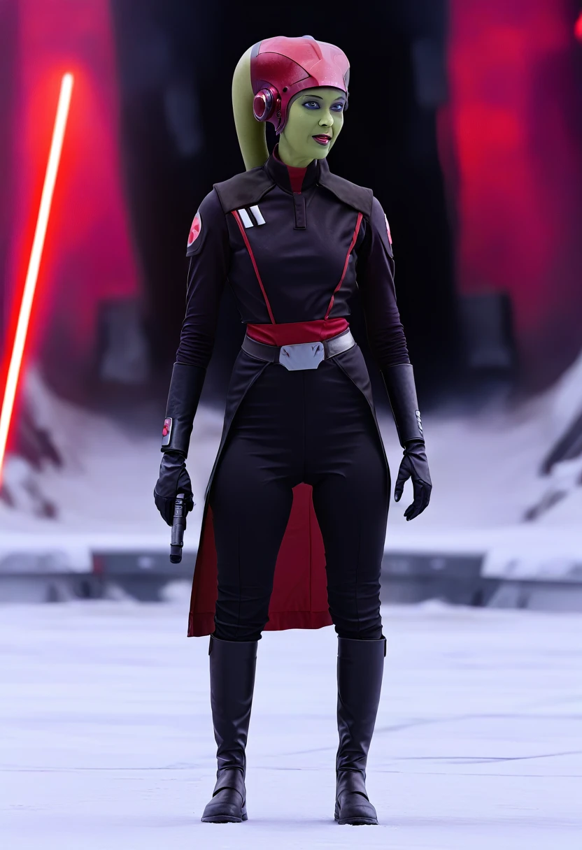 score_9, score_8_up, score_7_up, score_6_up, 2d, rating_questionable, rating_safe, BREAK ((green skin)) Female Twi'lek (((hera syndulla ))), helmet with red visor, star wars, armor,black gloves,tight bodysuit,black cape,black pants, close up, solo, standing, front view, medium breasts, wide hips, holding lightsaber, double edged, action pose, red blade, indoors, sith base, science fiction,
