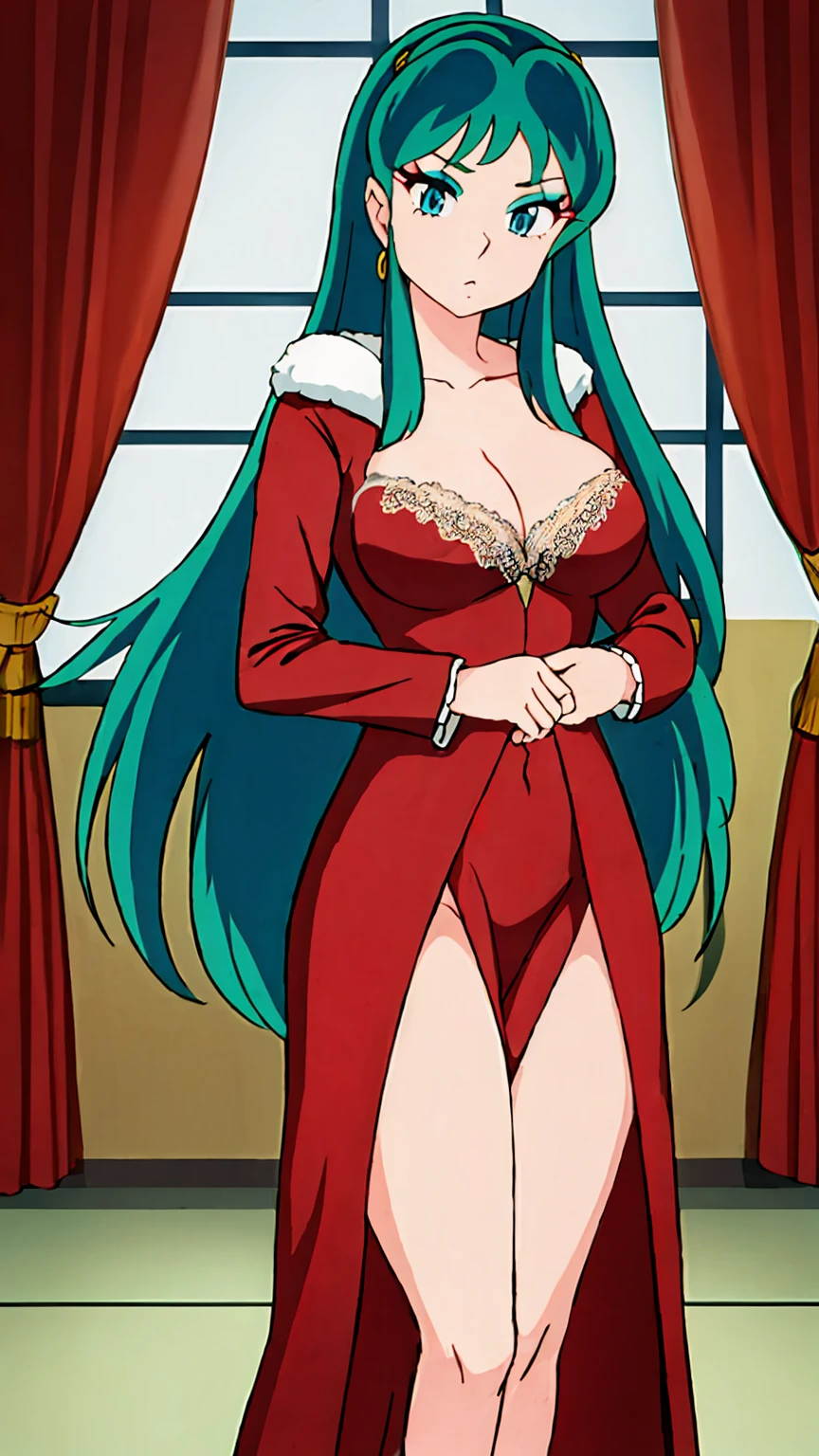 (score_9, score_8_up), score_7_up, 1girl, solo, lum, long hair, bangs, blue hair, blue eyes, aqua hair, eyeshadow, large breasts, looking at viewer, blush, long sleeves, dress, cleavage, jewelry, closed mouth, standing, collarbone, earrings, open clothes, day, artist name, indoors, blurry, covered nipples, lips, coat, fur trim, eyelashes, window, covered navel, makeup, blurry background, red dress, curtains, lace trim, lace, veins, open coat, lace-trimmed dress, retro, iwako, detmore,