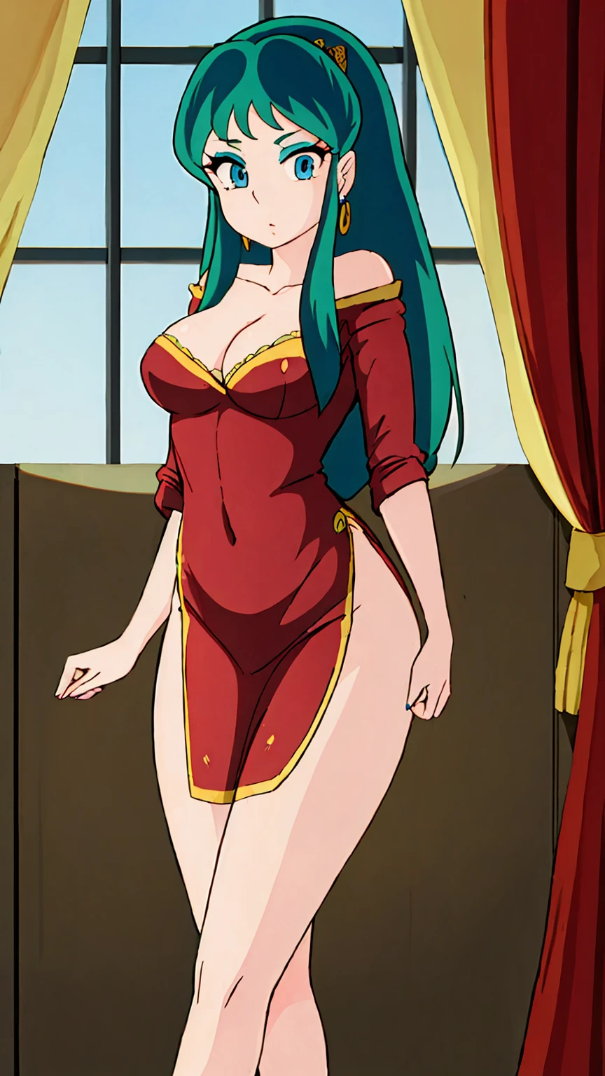 (score_9, score_8_up), score_7_up, 1girl, solo, lum, long hair, bangs, blue hair, blue eyes, aqua hair, eyeshadow, large breasts, looking at viewer, blush, long sleeves, dress, cleavage, jewelry, closed mouth, standing, collarbone, earrings, open clothes, day, artist name, indoors, blurry, covered nipples, lips, coat, fur trim, eyelashes, window, covered navel, makeup, blurry background, red dress, curtains, lace trim, lace, veins, open coat, lace-trimmed dress, retro, iwako, detmore,
