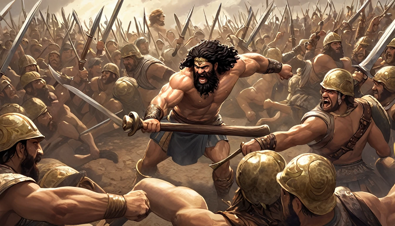 Create an image of Samson fighting an army with just a piece of bone in his hand