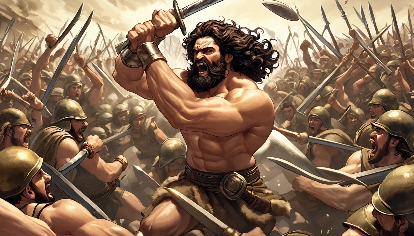 Create an image of Samson fighting an army with just a piece of bone in his hand